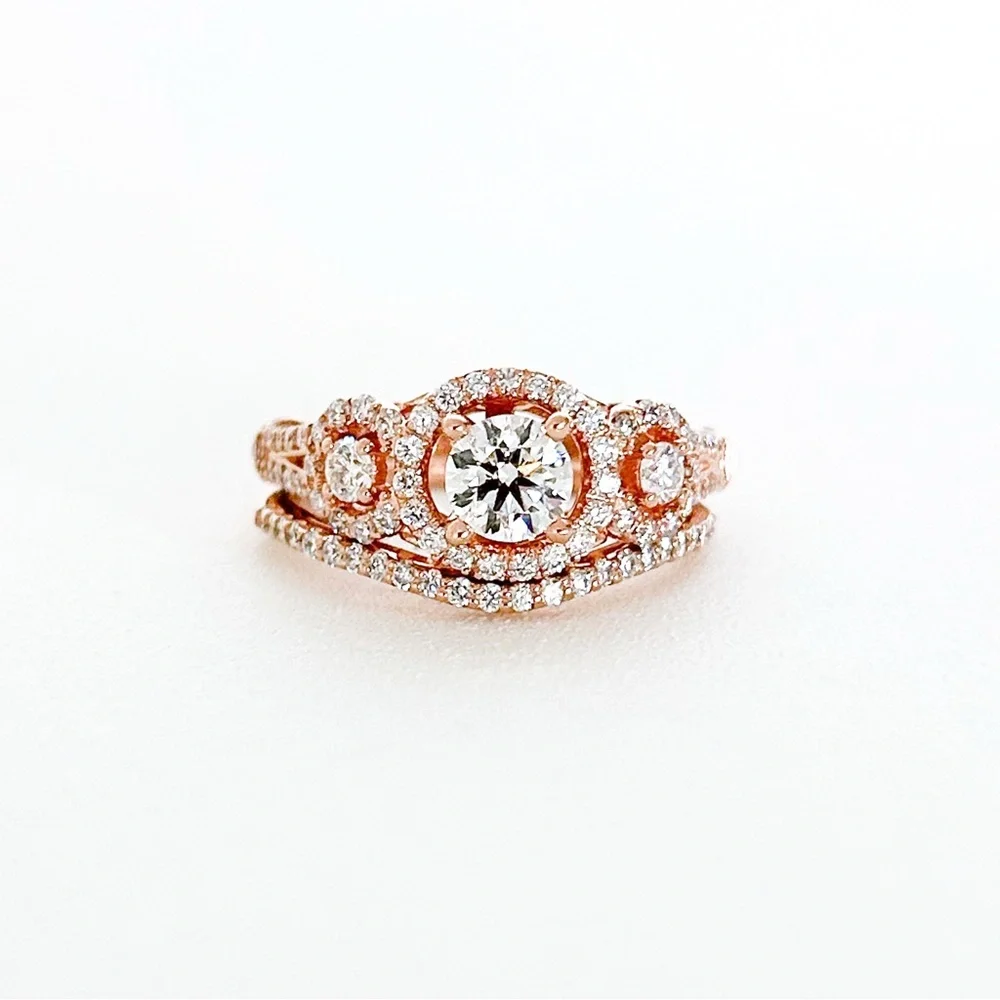 Rose Gold 14K Three Stone Diamond Halo Pave Engagement Ring Wedding Band Set - Picture 1 of 13